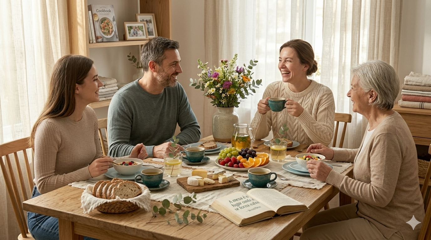 Uma família multigeracional (três mulheres e um homem) reunida alegremente ao redor de uma mesa posta de café da manhã. A mesa, de madeira clara com toalha de linho, exibe louças artesanais, frutas frescas, pães e um vaso de flores silvestres. O ambiente é acolhedor, iluminado por luz natural suave, com prateleiras e têxteis de fundo.