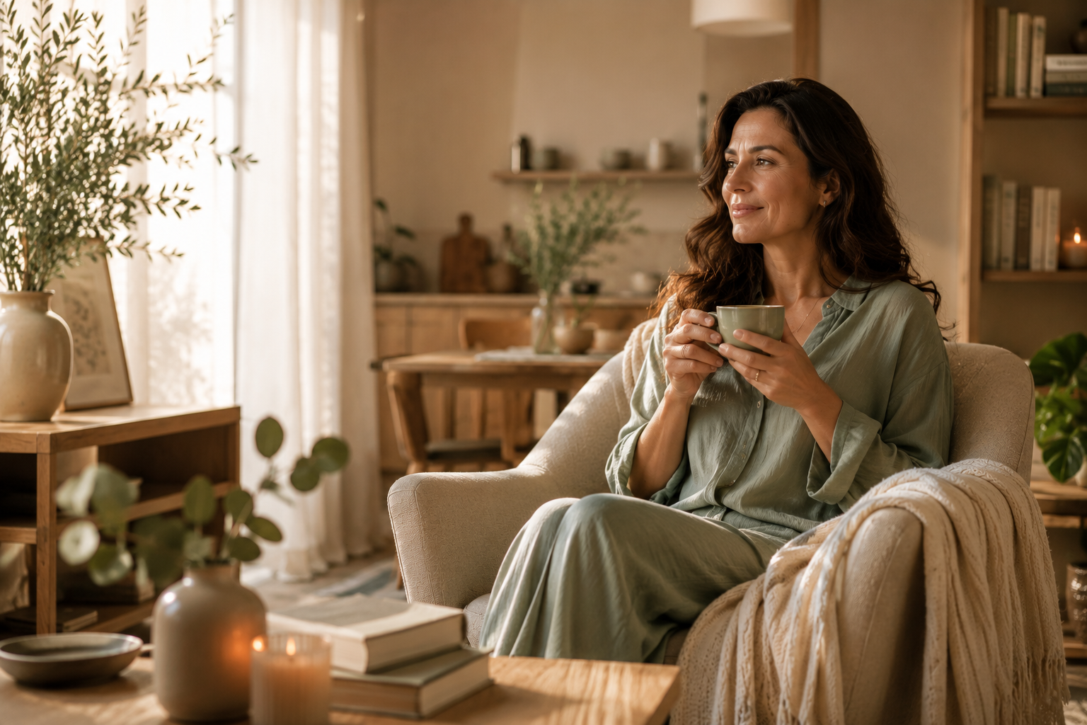 Mulher 40+ em sala acolhedora e minimalista segurando uma xícara de chá em um ambiente sereno com luz natural e decoração slow living.