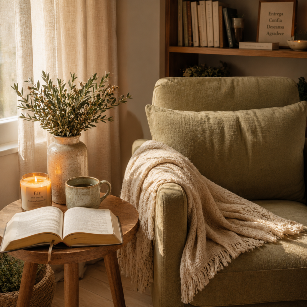 Canto de oração e leitura com Bíblia, poltrona confortável, vela e elementos naturais criando um ambiente de fé e tranquilidade.