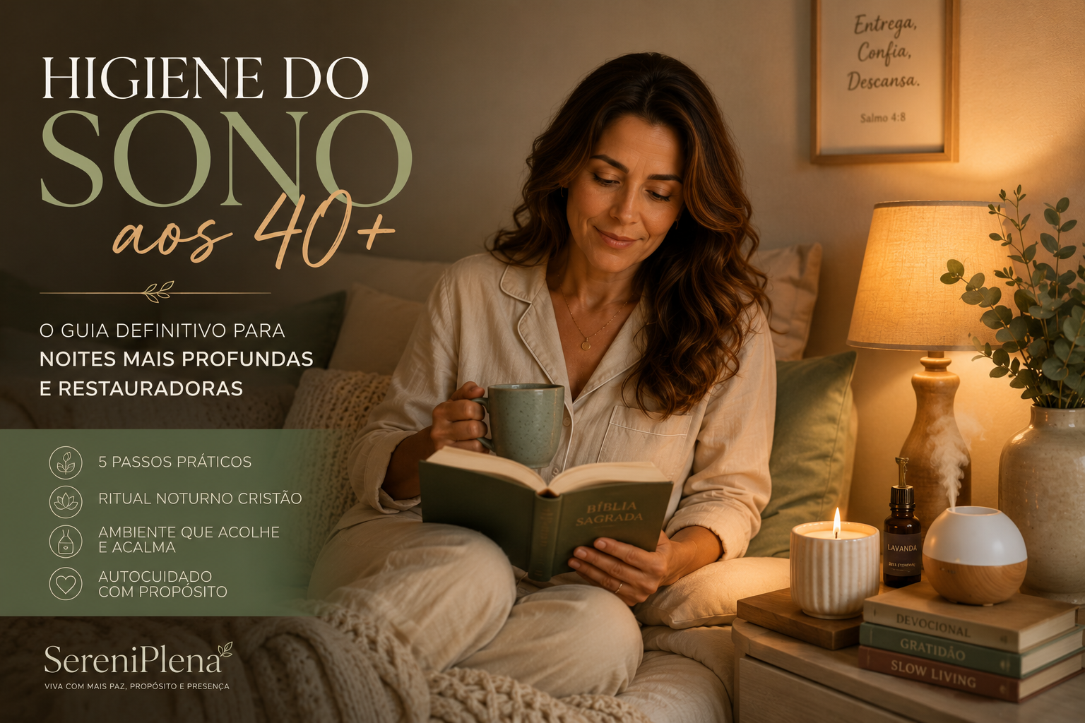 Mulher 40+ em ambiente acolhedor praticando ritual noturno de higiene do sono com iluminação suave, chá e decoração slow living.