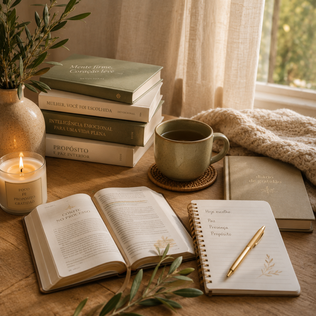 Livros, devocional, caderno de escrita e chá em ambiente acolhedor para momentos de reflexão, fé e autocuidado feminino