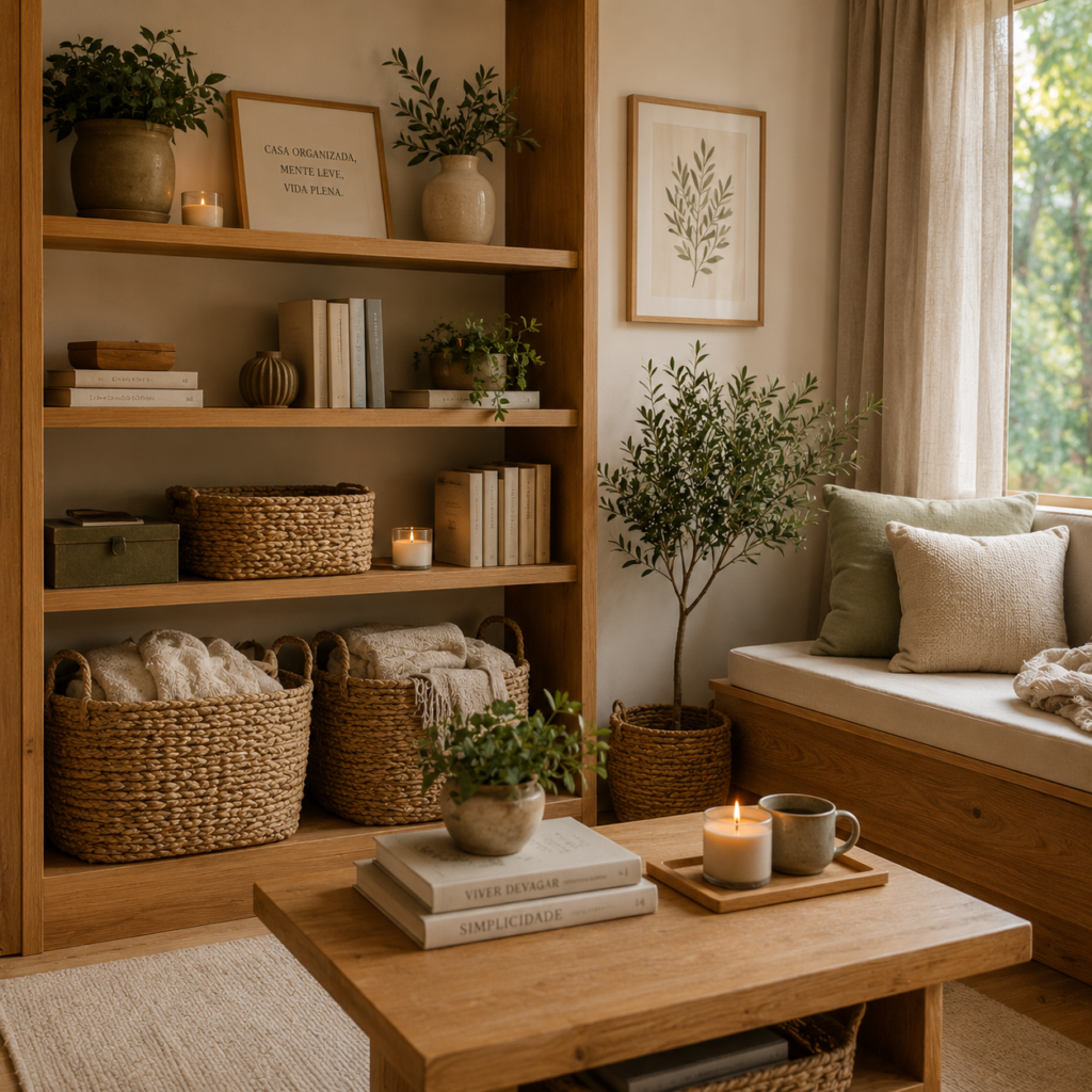 Ambiente organizado com cestos naturais, madeira clara e decoração minimalista para uma casa acolhedora e funcional.