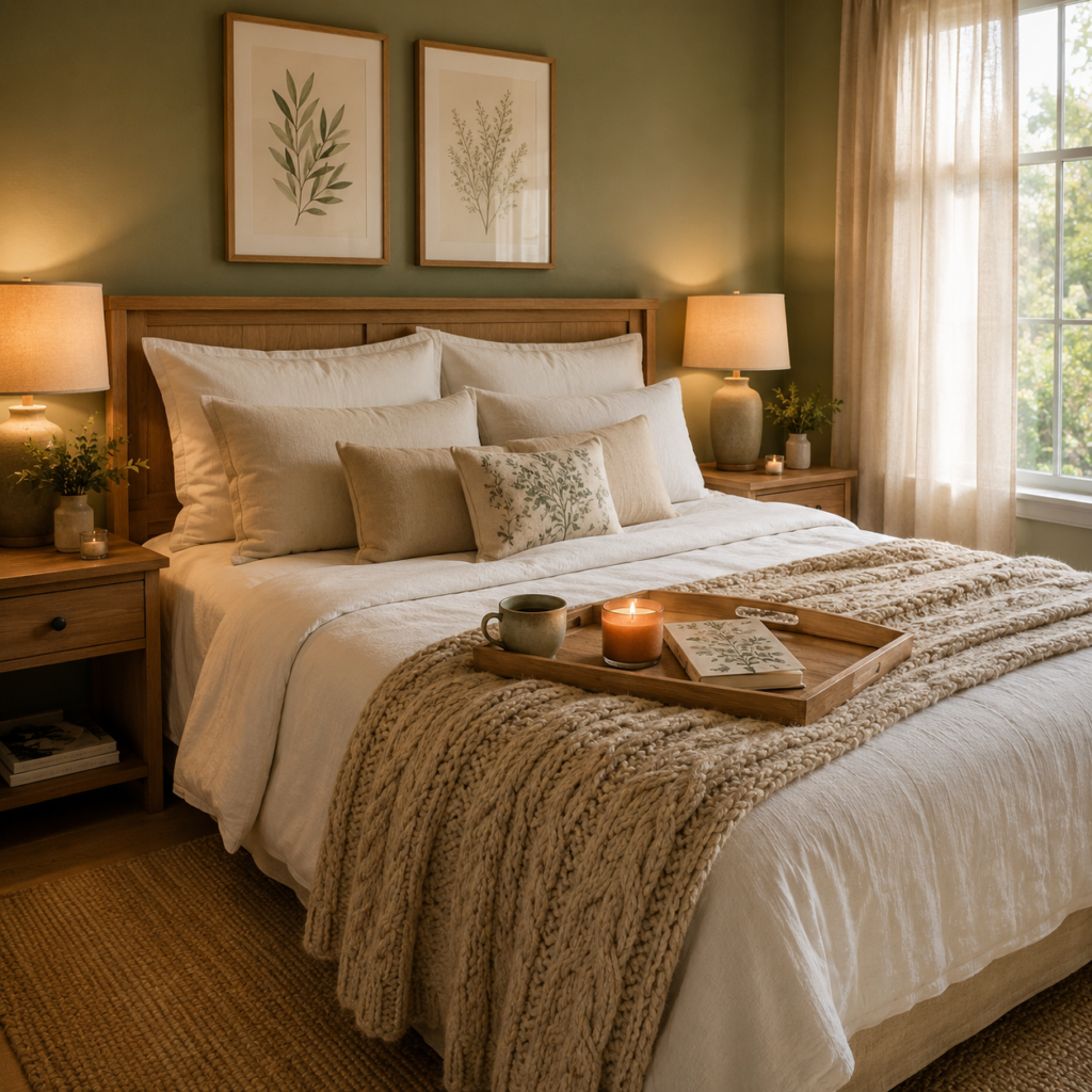 Quarto de casal aconchegante com cama em tons neutros, manta de tricô creme, iluminação quente e decoração acolhedora para criar um ambiente de descanso.