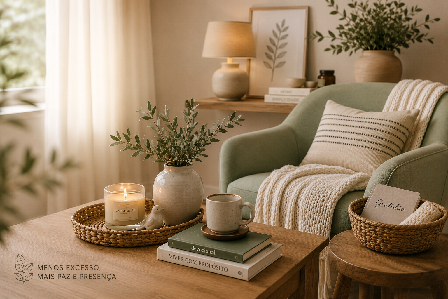 Sala de estar organizada em estilo slow living com poltrona verde-sálvia, manta de tricô, mesa lateral com chá e livros, transmitindo organização leve, paz e bem-estar no lar.